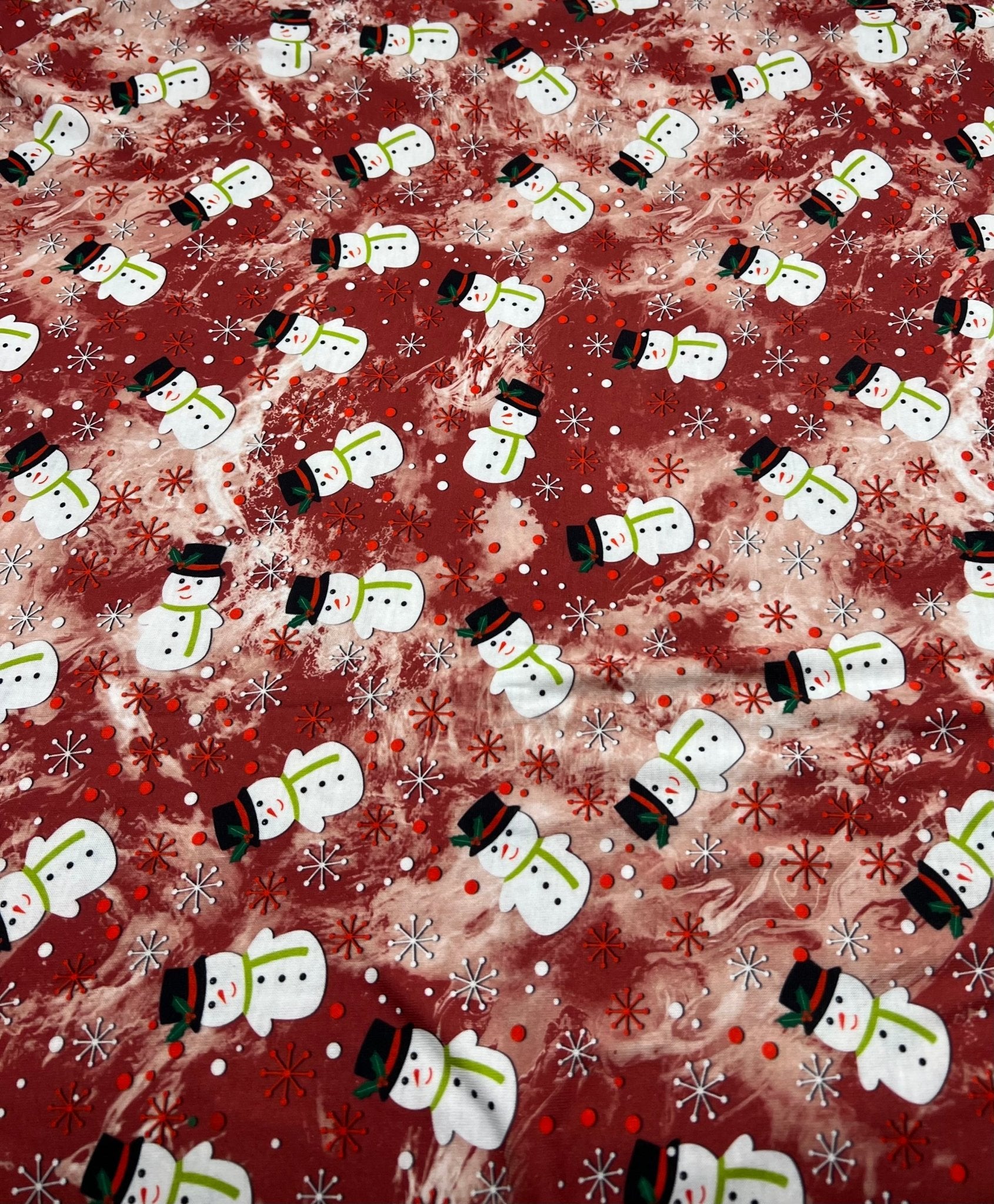 Burgundy Red Snowman Print Soft Spun Poly Stretch Fabric - T9 Fabrics